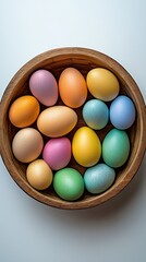 Colorful Easter eggs in a wooden bowl, top-down view