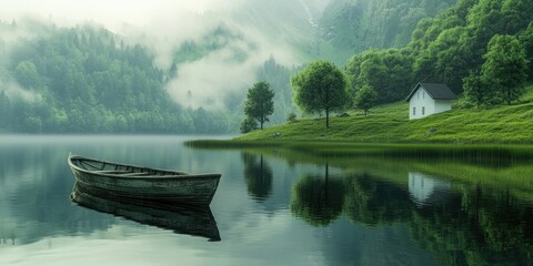 Serene lake scene with fog-shrouded mountains, a lone boat, and a small cottage
