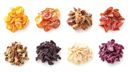 Obraz premium Freeze-dried food items, isolated from background, focus on their crisp textures and colors