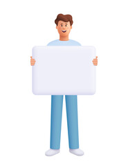 Young smiling man James holding a large empty blank or banner. Marketing, communication, advertising and presentation concept. 3d vector people character. Cartoon minimal style.