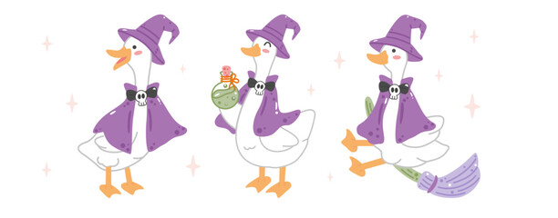 Cute Halloween witch goose set with pointed hat, cape, potion, and broom. Perfect for spooky and whimsical autumn designs.