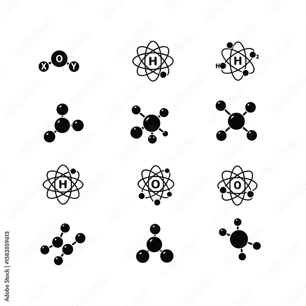 Poster assorted molecular structures and atomic models, chemistry and science icons set