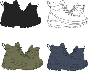 Outdoor hiking boots fashion flat sketch, trekking footwear vector illustration, front and side views, colored and outline shoe design template