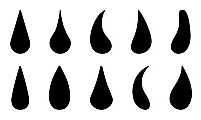 Drop silhouettes set isolated on a white background. Different drop shapes.  Oil, tear, rain, water drop. Water drop, raindrop icon set. Vector illustration.