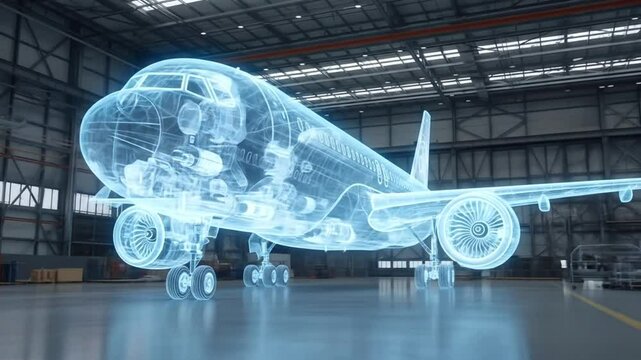 A transparent airplane blueprint showcases the intricate engineering and technological innovation behind modern aviation design