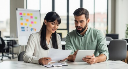 Obraz premium 3d illustration of a smiling businesswoman works on her laptop in a bright office