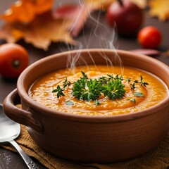 Cozy Autumn Soup in Vintage Bowl with Herbs, Steam and Fall-Themed Background