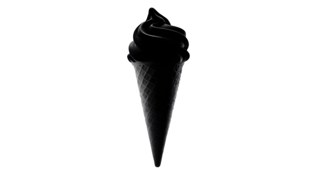 Silhouette of a classic ice cream cone with single scoop, black filled on white background