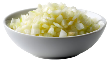 Diced Onion in Bowl: Freshly diced onion pieces fill a pristine white bowl, a culinary essential. A vibrant and appetizing food, inviting the viewer to culinary adventures.