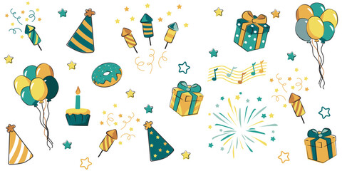 Festive vector illustration set with birthday party elements such as balloons, presents, cupcakes, and fireworks on white background