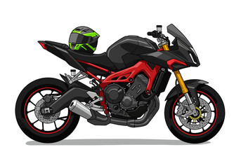 Sleek Motorcycle Design Stylish Red and Black Motorbike Illustration with Helmet Accessory, High-Performance Concept