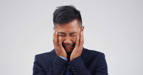 Crying, upset and businessman in studio with stress for unemployment, burnout or mistake. Emotions,...