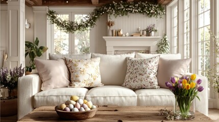 Obraz premium Cozy interior sofa, pillows, Easter eggs, spring flowers