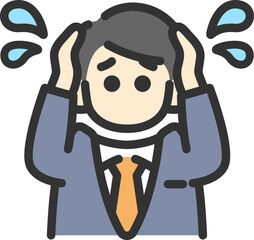 頭を抱える、ビジネスマンのアイコン（線画カラー）のイラスト