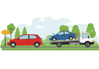 Roadside Assistance Scene  Car Towing & Breakdown Service Illustration on Road in Countryside