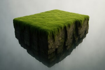 Fantasy concept of a floating island covered with lush green moss on a misty background.