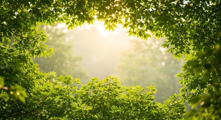 Fresh Green Maple Leaves with Sunlight and Bokeh Background