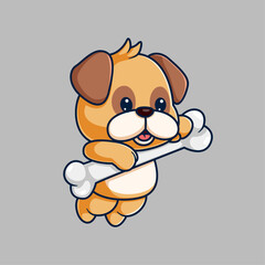 Cute Pug Dog Holding Bone Cartoon