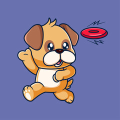 Cute pug dog Playing Frisbee Cartoon
