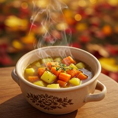 Cozy Autumn Soup in Vintage Bowl with Herbs, Steam and Fall-Themed Background