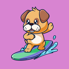 Cute Pug Dog Surfing On Beach Cartoon