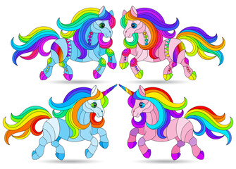 Set of stained glass illustrations with cute horses and unicorns, isolated animals on a white background
