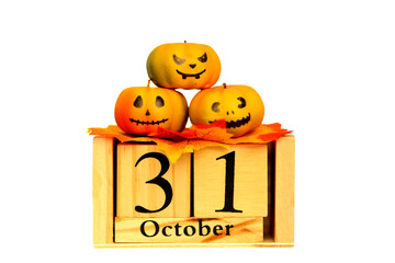 Wooden Halloween Date Calendar with Pumpkins on White Background