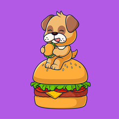 Cute Pug Dog Eating Burger Cartoon