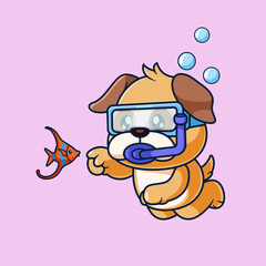 Cute Pug Dog Snorkeling Cartoon