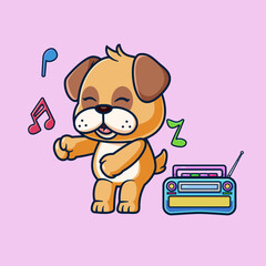 Cute Pug Dog dancing With Boombox Cartoon