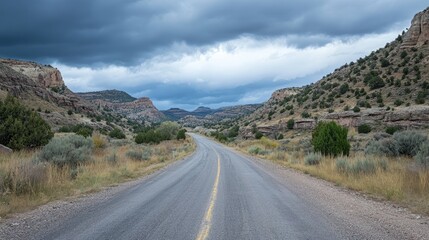 Scenic open road winding through rugged mountain terrain under moody overcast sky, capturing remote wilderness landscape and adventure travel atmosphere in dramatic natural setting