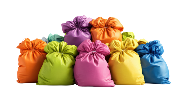 Brightly Colored Tissue Paper Wrapping Bags in Various Colors Arranged in a Row for Gift Packaging Decoration