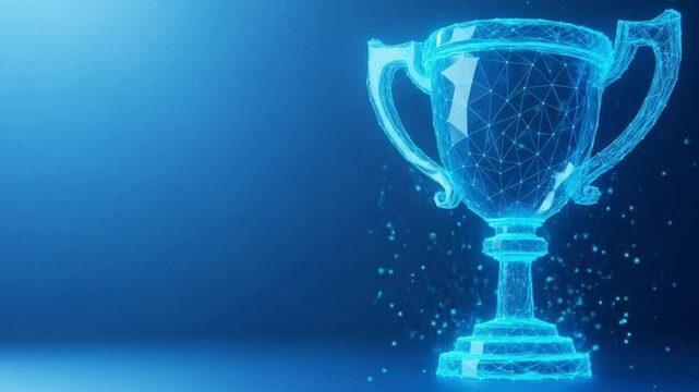 A glowing blue digital trophy symbolizes victory and achievement in a modern, abstract design