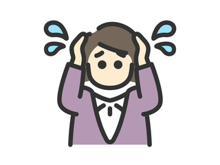 頭を抱える、ビジネスウーマンのアイコン（線画カラー）のイラスト