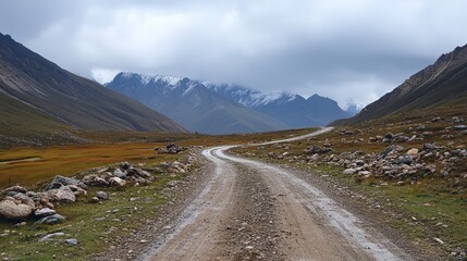 Scenic open road winding through rugged mountain terrain under moody overcast sky, capturing remote wilderness landscape and adventure travel atmosphere in dramatic natural setting