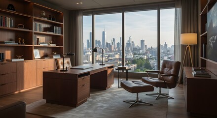 Luxury Home Office with City Skyline View
