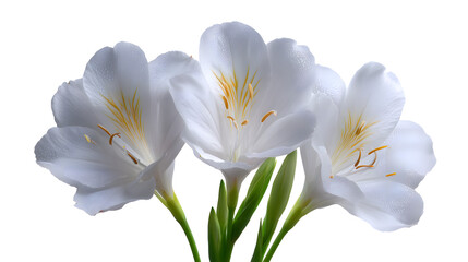 Fototapeta premium Elegant Lily Blossoms: A close-up shot showcases delicate white lily blooms, their pristine petals beautifully contrasted against the gentle glow of light. 
