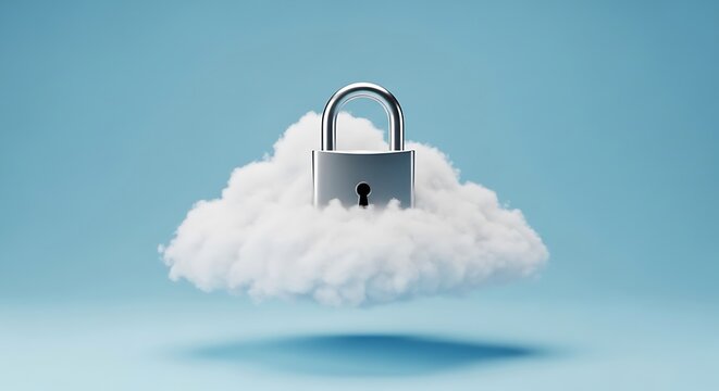 Silver padlock on fluffy white cloud security