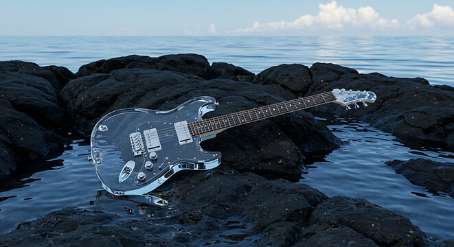 Electric guitar resting on dark rocks near the ocean, with a blurred sea and sky background. - Powered by Adobe