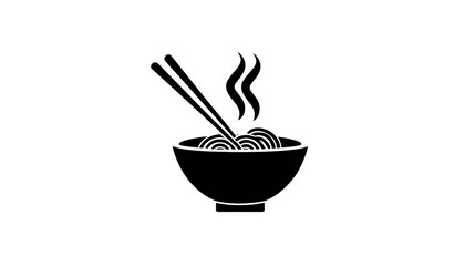 Silhouette of a steaming ramen bowl with chopsticks, black filled icon on white background