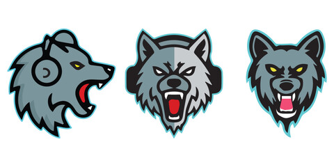 Angry Wolf Gamer Mascot Logo set Fierce Wolf Head with Headphones Vector for eSports Teams & Streamer Brands