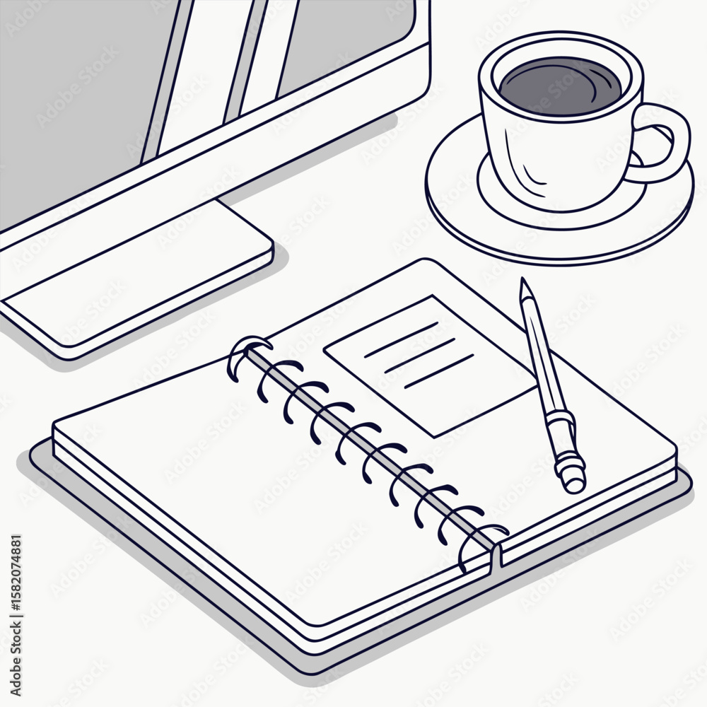 Poster a simple isometric line drawing of a desk scene featuring a computer monitor a cup of coffee on a sa