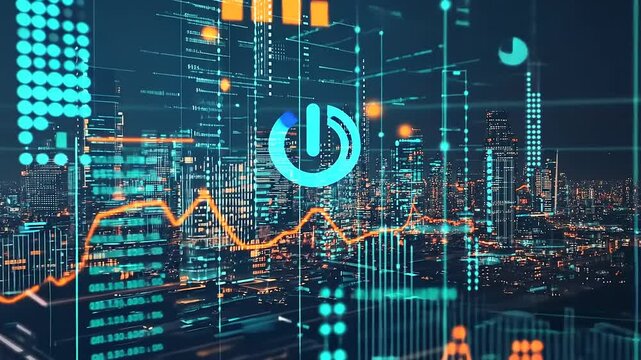 Futuristic city skyline with digital graphs and data visualizations illustrating urban technology trends - Powered by Adobe