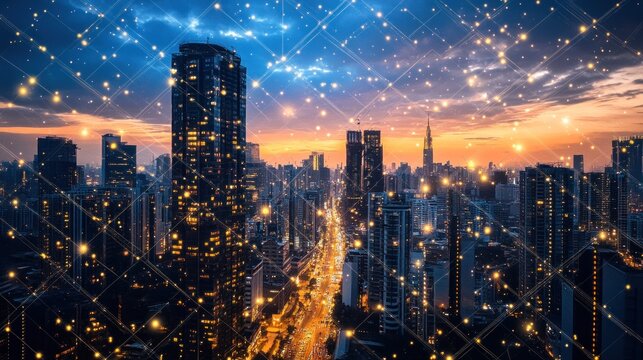 illuminated cityscape panorama at twilight with connected network showing urban expansion and digital connectivity in a futuristic modern metropolitan area