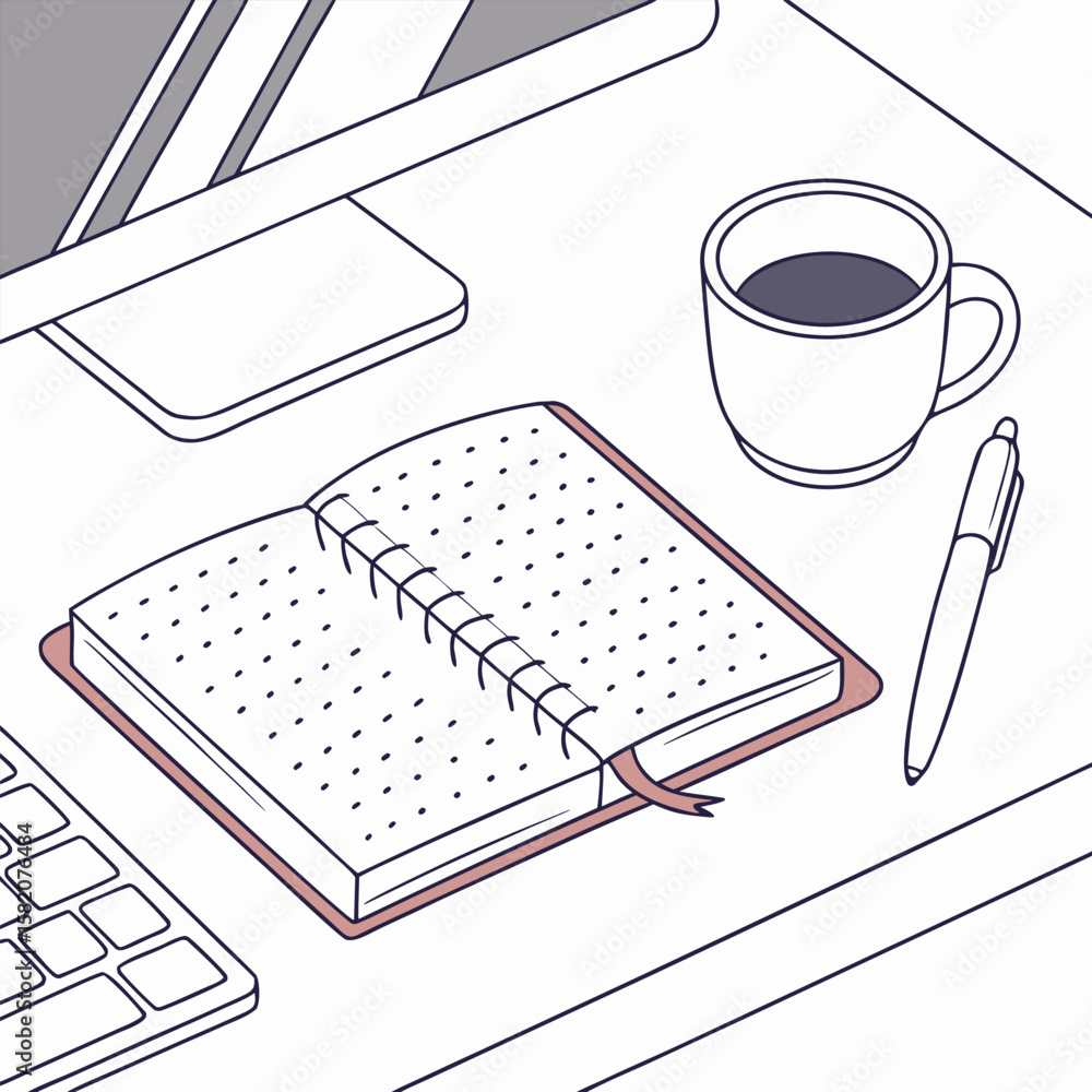 Poster a clean isometric illustration of a desk setup featuring an open notebook with dotted pages a pen a 