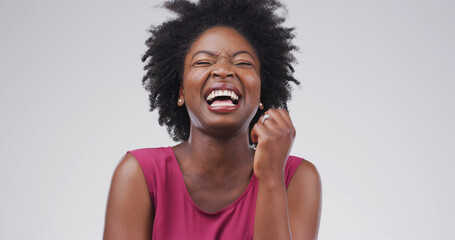Studio, laughing and woman with humor, comic and listening to funny joke, white background or...