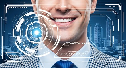 Man smiling with digital interface overlay teeth