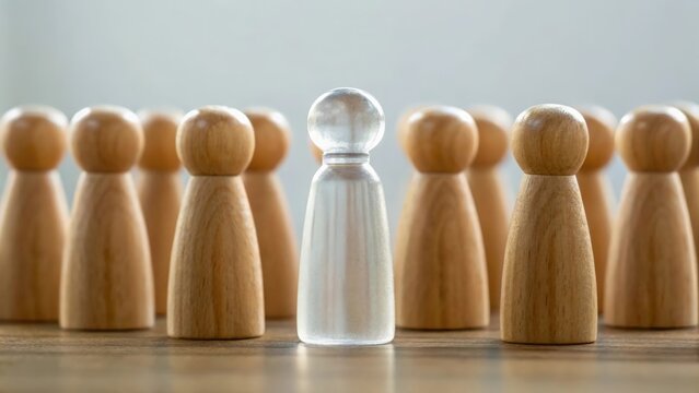 Elevated central figure made of glass among wooden ones — symbolizing transparency and higher standards
