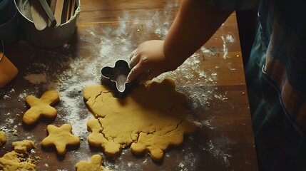 small hands baking cookies, pressing a cookie cutter into dough, kitchen counter scene