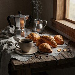 Flat Lay of Rustic Breakfast with Croissants, Coffee, and Natural Linen on Wooden Table